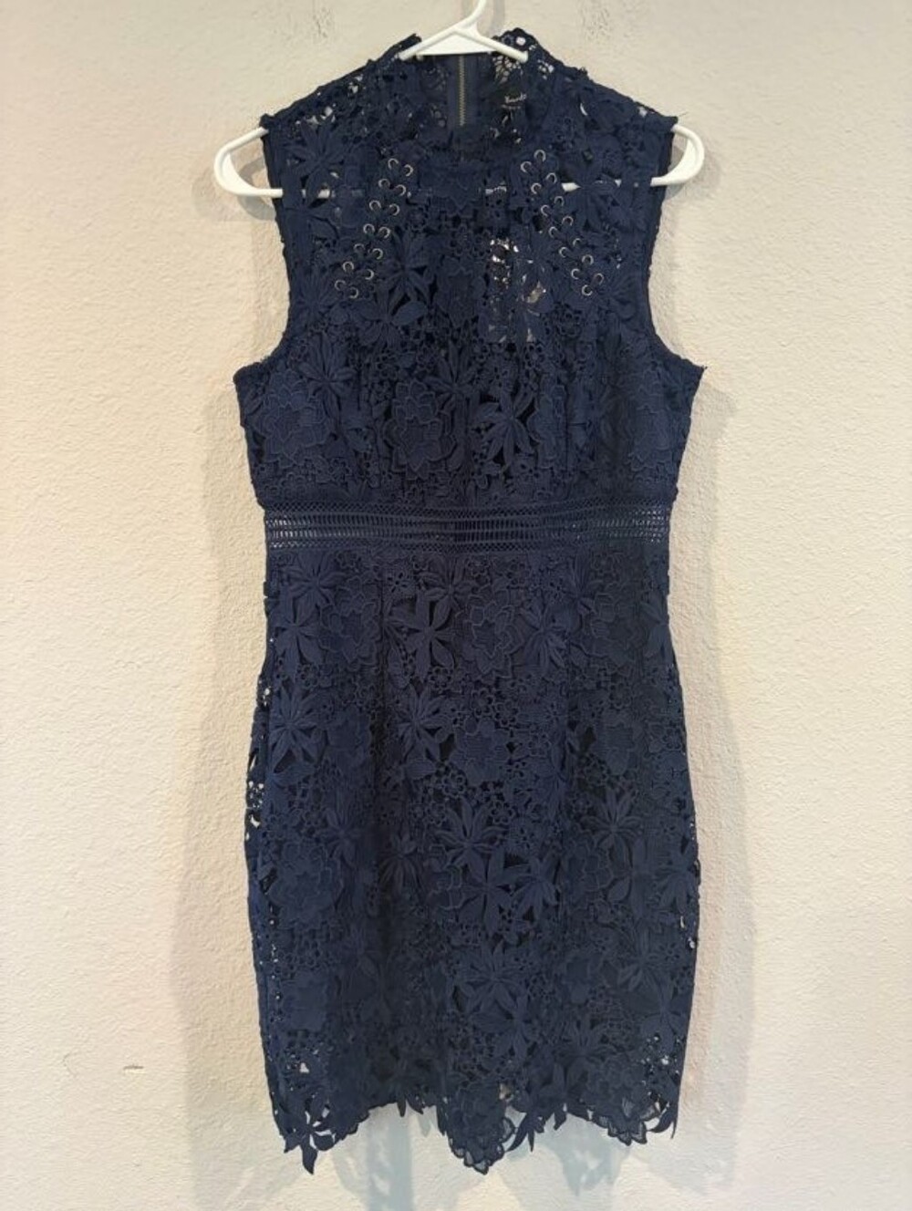 NEW Bardot Womens Twilight Blue Paris Lace High Neck Knee Length Dress Size Med